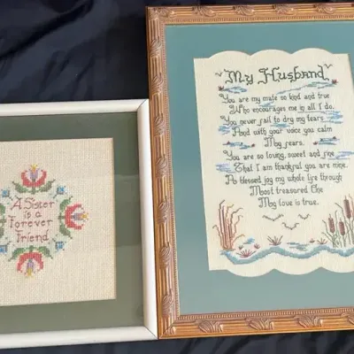 2 Vintage Framed Cross-Stitch Pieces - Husband & Sister Sentiments