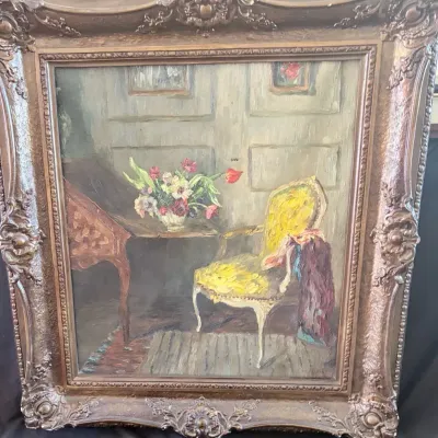 Vintage Hand Painted Oil Portrait Of A Chair And Table