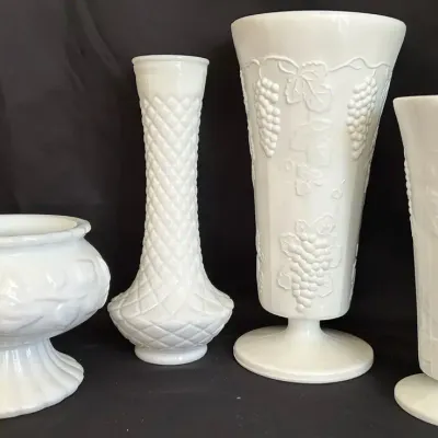Three Milk Glass Vases And Bowl
