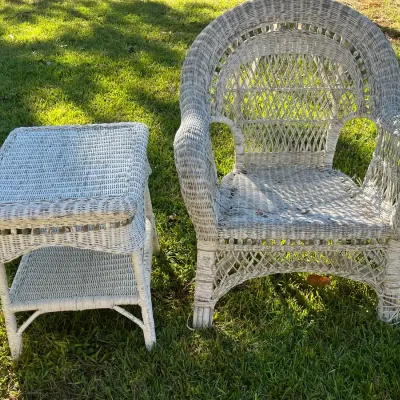 White Wicker Armchair & Matching Side Table