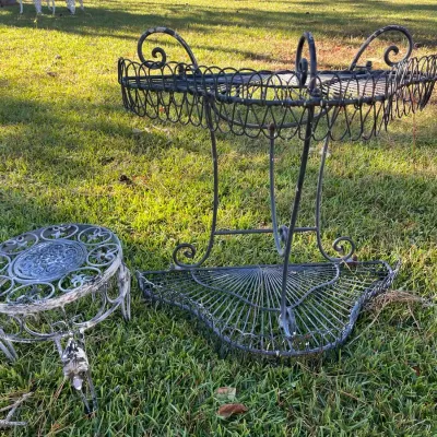 Vintage Wrought Iron Outdoor Shelf With Plant Stand