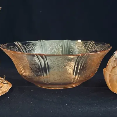 Vintage Pink Depression Glass Bowl, Bud Vase & Flower Frogs - 4 Pieces