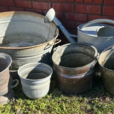 Metal Wash Bin, Metal Water Can, & Metal Pots