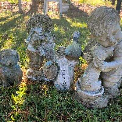 4 Resin Garden Statues – Children, Dogs & Welcome Birds
