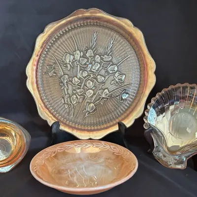 Carnival Glass Dishes With Peach Lusterware Bowl