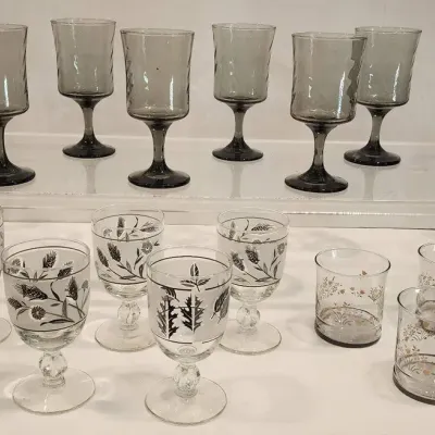 Libbey Silver Leaf/Foliage & Smoke Grey Water Goblets, and Juice Glasses 