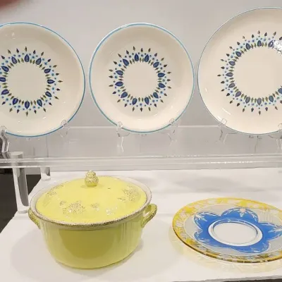 Mid-century Platter & 2 Pie Plates, Covered Casserole Dish & Floral Glass Platter