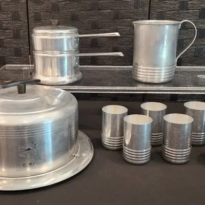 West Bend Aluminum Cake Pan, Double Boiler, Aluminum Pitcher & 6 Cups