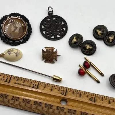 1883 Women's Relief Corps Pin and Church War Cross, Other Victorian Pins, Cuff Links 