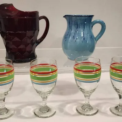 Ruby Red Heavy Pitcher, Libbey Goblets, & Blue Glazed Italian Pitcher