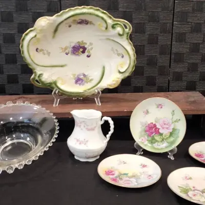 Antique Floral China & Candlewick Glass Bowl 