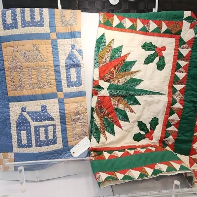 (2) Hand Quilted Wall Hanging Quilts (Christmas & Houses) 