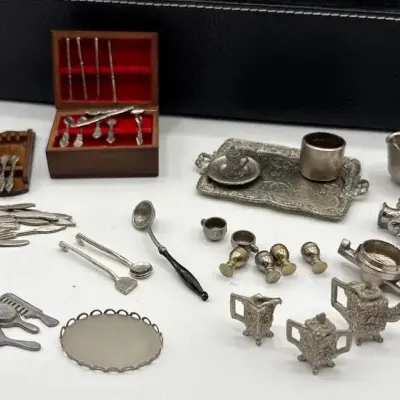 Miniatures- Pewter, Metal Kitchen Utensils & Tray 