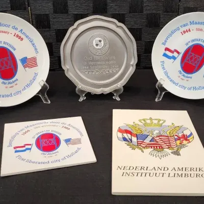 WW II Commemorative ("Old Hickories") Plates, Pewter Dish & Tiles