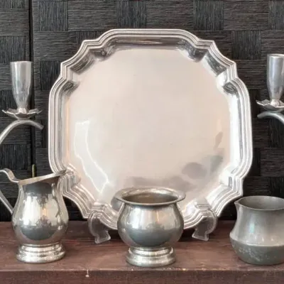 Pewter- Candelabra, Sugar and Creamer and Tray 