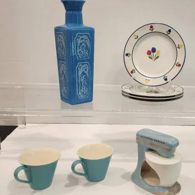 1965 Jim Beam Decanter, Floral Bread Plates, Espresso Cups, & Scrubby Holder