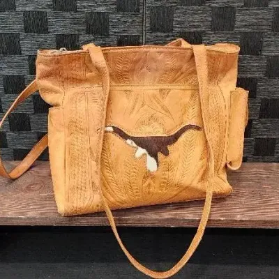 Leather Handbag with Inlayed Rawhide Longhorn 