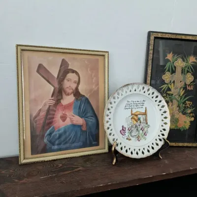 Sacred Heart of Jesus and Cross Prints Framed, and Prayer Plate 