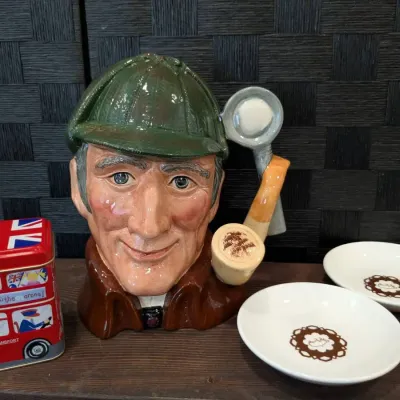 Royal Doulton "The Sleuth" large Toby Mug, British Tin, & Wedgwood Trinket Dishes 