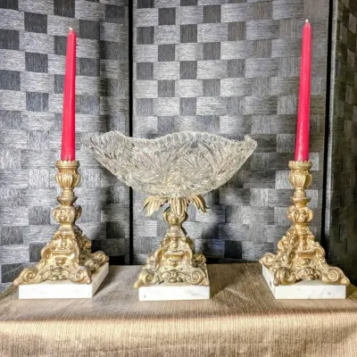 Italian Marble 3-pc.set: 2 Candlestick Holders + Crystal Compote