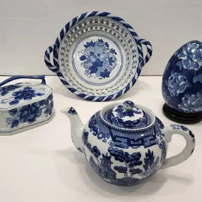 Blue & White Teapot and Decorative Dishes, Egg