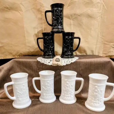 14 "Tiara"-brand Milkglass Steins (8 Black/6 White)