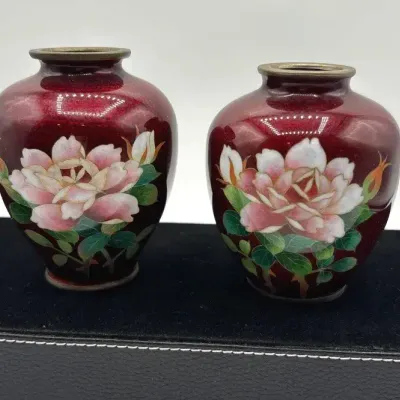 Japanese Ginbari Cloisonné (Akasuke) Red-enamel Floral Vases