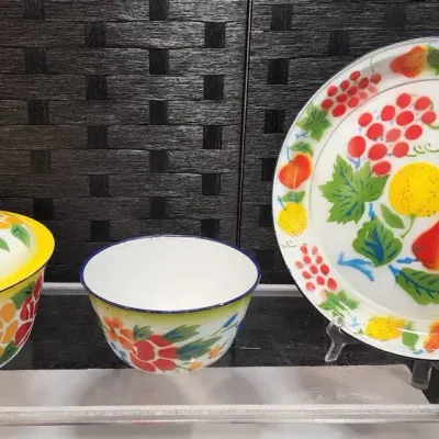 Floral Enamelware Lidded Bowl, Bowl & Fruit Platter 