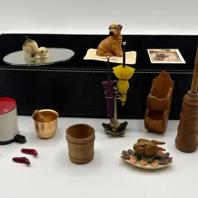 Miniatures- Dogs, Wooden Churn, Shoes, Umbrellas 