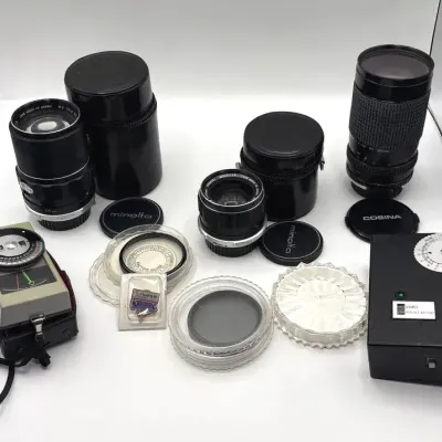 Minolta and Tiffen Camera Lenses, Exposure Light Meter and Flash 