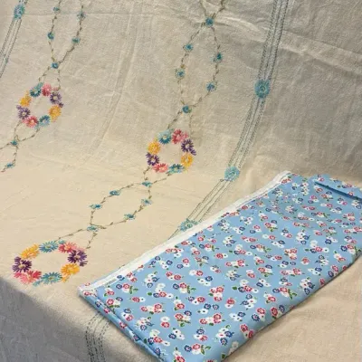 Embroidered Unfinished Bedspread and Floral Fabric