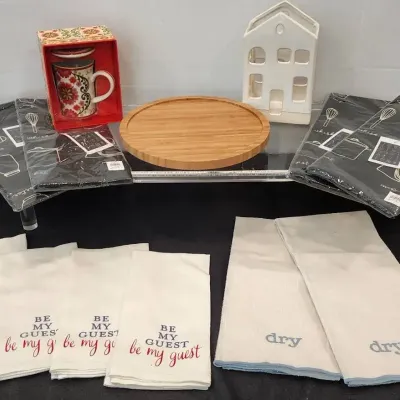 Tea Towels(New), Lazy Susan, Napkin Holder, & Decorative Linens