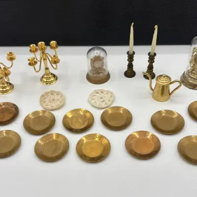 Miniatures - Brass Plates, Gold Candlesticks, Clocks 