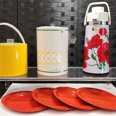 (2) Ice Buckets, Tea/Coffee Dispenser, 4 Metal Enamelware Plates