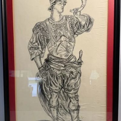 Framed pencil sketch depicting a Renaissance-style soldier in armor blowing a horn, presented in a red and black matting.
