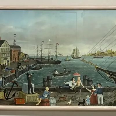 Framed folk art style harbor scene painting depicting 19th-century maritime life, ships, and figures on a pier.