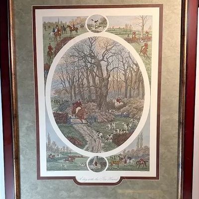 Framed traditional equestrian art print titled "A Day with the Fox Hounds," presented in a double mat and cherry wood frame...