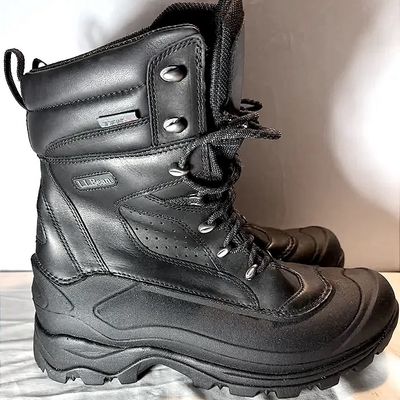 L.L. Bean black leather winter snow boots with waterproof TEK 2.5 lining and speed lacing hardware.
