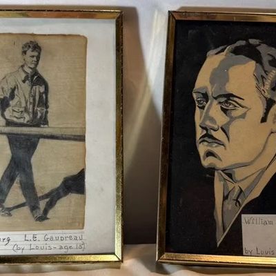 Pair of vintage framed portrait drawings by Louis E. Gaudreau, including depictions of Charles Lindbergh and actor William Powell,...