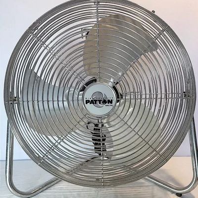 Vintage Patton High Velocity floor fan in a chrome metal cage frame.