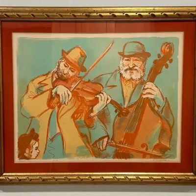 Framed mid-century expressionist lithograph depicting klezmer or street musicians, featuring a violinist and double bassist in a gilded...