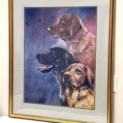 Framed hunting dog portrait artwork featuring three retrievers against a purple-blue background with flying ducks. Presented in a double...