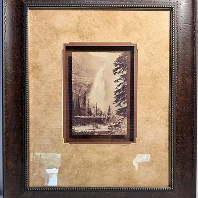 Framed vintage photograph of Takakkaw Falls in Yoho National Park, British Columbia, floating-mounted inside a wide textured dark wood...