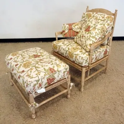 Sale Photo Thumbnail #199: 1198	HARDEN SUN ROOM RUSH SEAT UPHOLSTERED ARMCHAIR & OTTOMAN, CHAIR APPROXIMATELY 30 IN X 27 IN X 40 IN HIGH																																																																																																																																																		