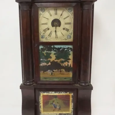 Sale Photo Thumbnail #132: 1132	EMPIRE SHELF CLOCK W/SCROLLED & TURNED HALF COLUMN FRONT, PAINT LOSS, APPROXIMATELY 17 IN X 5 IN X 34 IN HIGH																																																																																																																																													