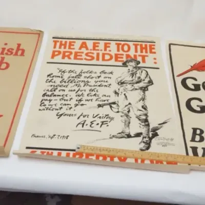 Sale Photo Thumbnail #130: 1130	GROUP OF 3 ORIGINAL WWI POSTERS, LARGEST APPROXIMATELY 20 IN X 30 IN																																																																																																																																																																																						