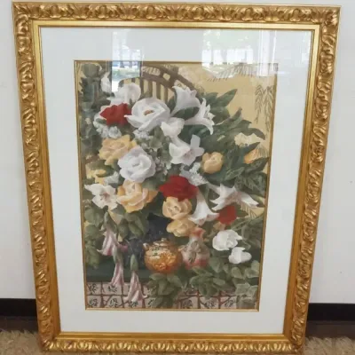 Sale Photo Thumbnail #173: 1173	LARGE FRAMED & MATTED ARTIST SIGNED & NUMBERED STILL LIFE GILCEE OF ROSES TITLED *ANGEL TRUMPHETS II* BY DENCH HAINES, NO 119/175, APPROXIMATELY 39 IN X 50 IN OVERALL																																																																																				