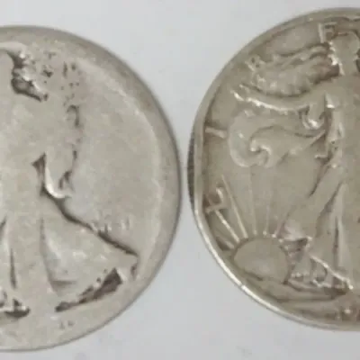 Sale Photo Thumbnail #95: 1095	2 WALKING LIBERTY HALF DOLLARS																																																																																																																																																																																																																												