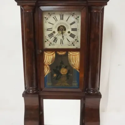 Sale Photo Thumbnail #134: 1134	FORESTVILLE BRISTOL CT USA EMPIRE SHELF CLOCK W/SCROLL & TURNED HALF COLUMN FRONT, APPROXIMATELY 18 IN X 5 IN X 35 IN																																																																																																																																					