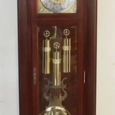 Sale Photo Thumbnail #190: 1189	SLIGH GRANDFATHER'S CLOCK W/MOON DIAL, REEDED HALF COLUMN SIDES, APPROXIMATELY 25 IN X 14 IN X 87 IN HIGH																																																																																																																																																	